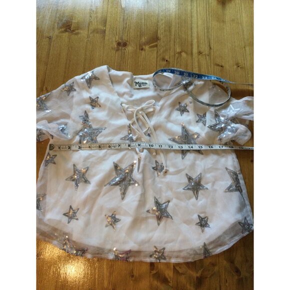 Show Me Your Mumu White Sheer Top Silver Star Sequins Lace Up Front - Picture 6 of 7